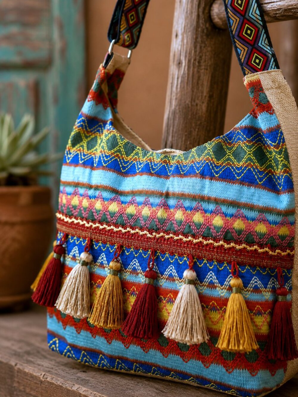 Boho Southwestern Woven Tassel Hobo Bag Aztec Tribal Crossbody Shoulder Purse - Picture 2 of 8